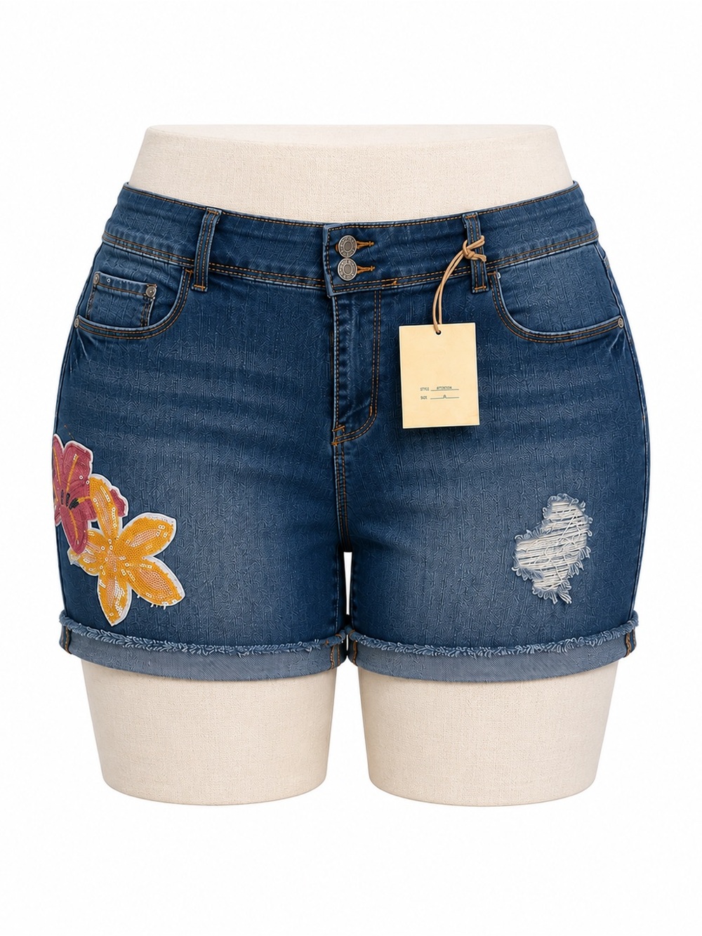 Denim Floral Patch High-Rise Jean Shorts - White/Blue